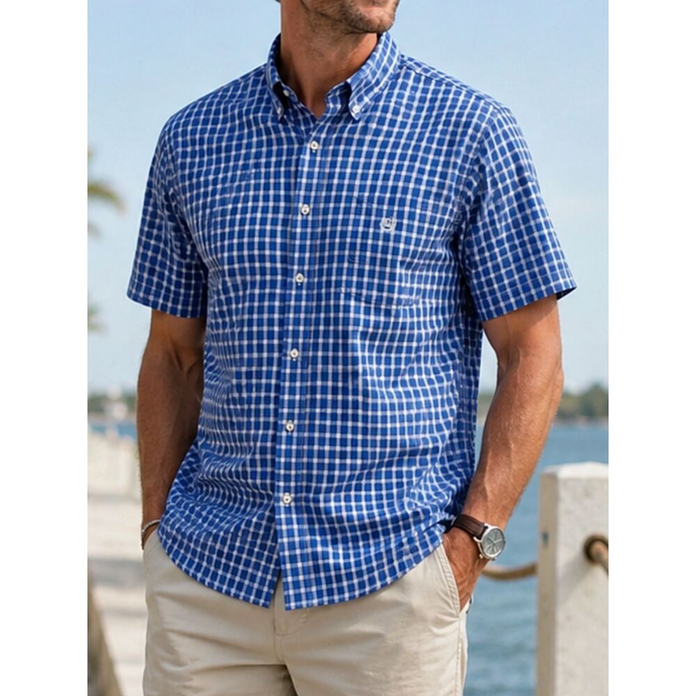 Chaps Blue White Plaid Button Down Shirt XL Short Sleeve Casual Cotton Blend